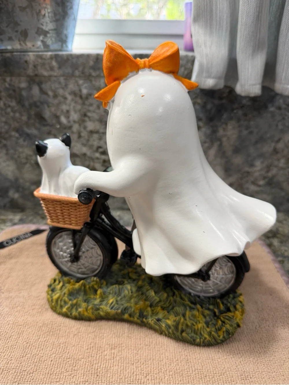 NWT Broomstick Blvd Ghost on Bicycle w/ Ghost Cat Halloween Figurine 10”